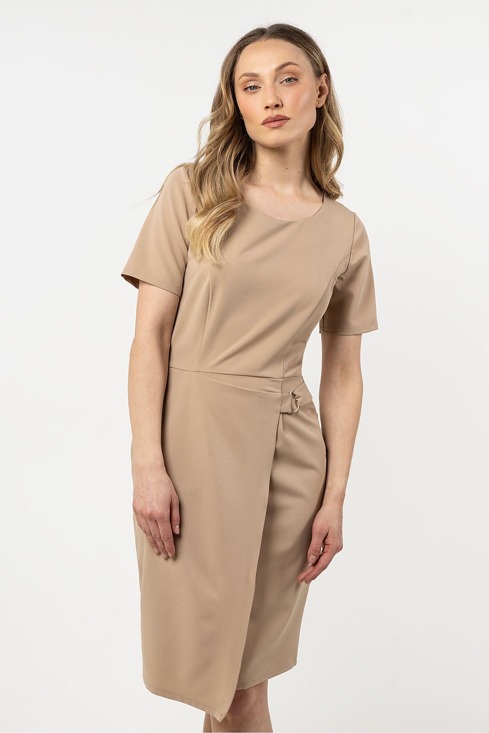 Close-up detail of Awama's Elegant Asymmetrical Hem Pencil Dress, highlighting quality fabric and exquisite craftsmanship.