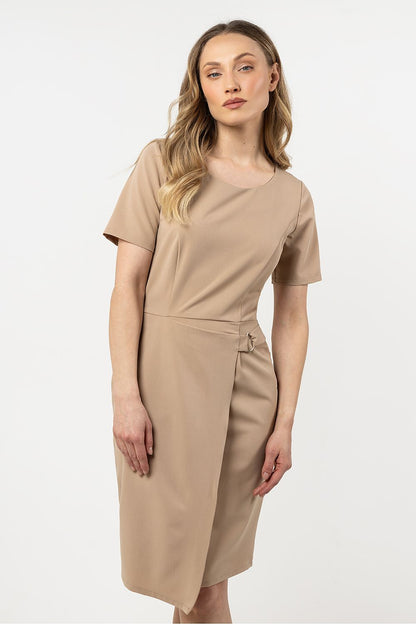 Close-up detail of Awama's Elegant Asymmetrical Hem Pencil Dress, highlighting quality fabric and exquisite craftsmanship.