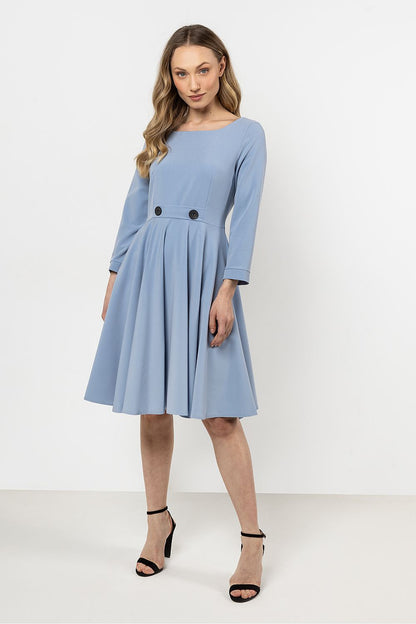 Elegant Flared Daydress by Awama featuring a sophisticated boat neckline and decorative buttons, perfect for luxury day wear.