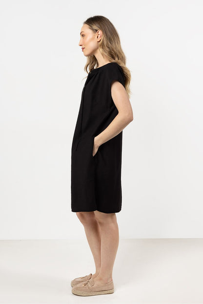 Close-up of Awama's chic lightweight rayon daydress highlighting the exquisite gathering at the neckline and fine craftsmanship.