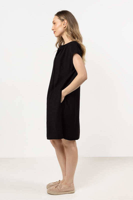 Close-up of Awama's chic lightweight rayon daydress highlighting the exquisite gathering at the neckline and fine craftsmanship.