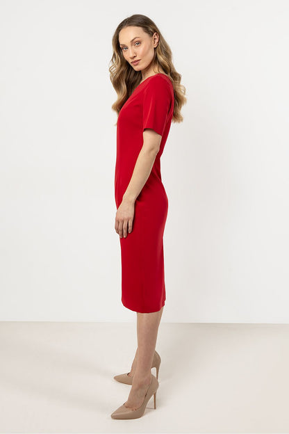 Elegant fitted daydress by Awama featuring short sleeves and boat neckline, perfect for sophisticated occasions.