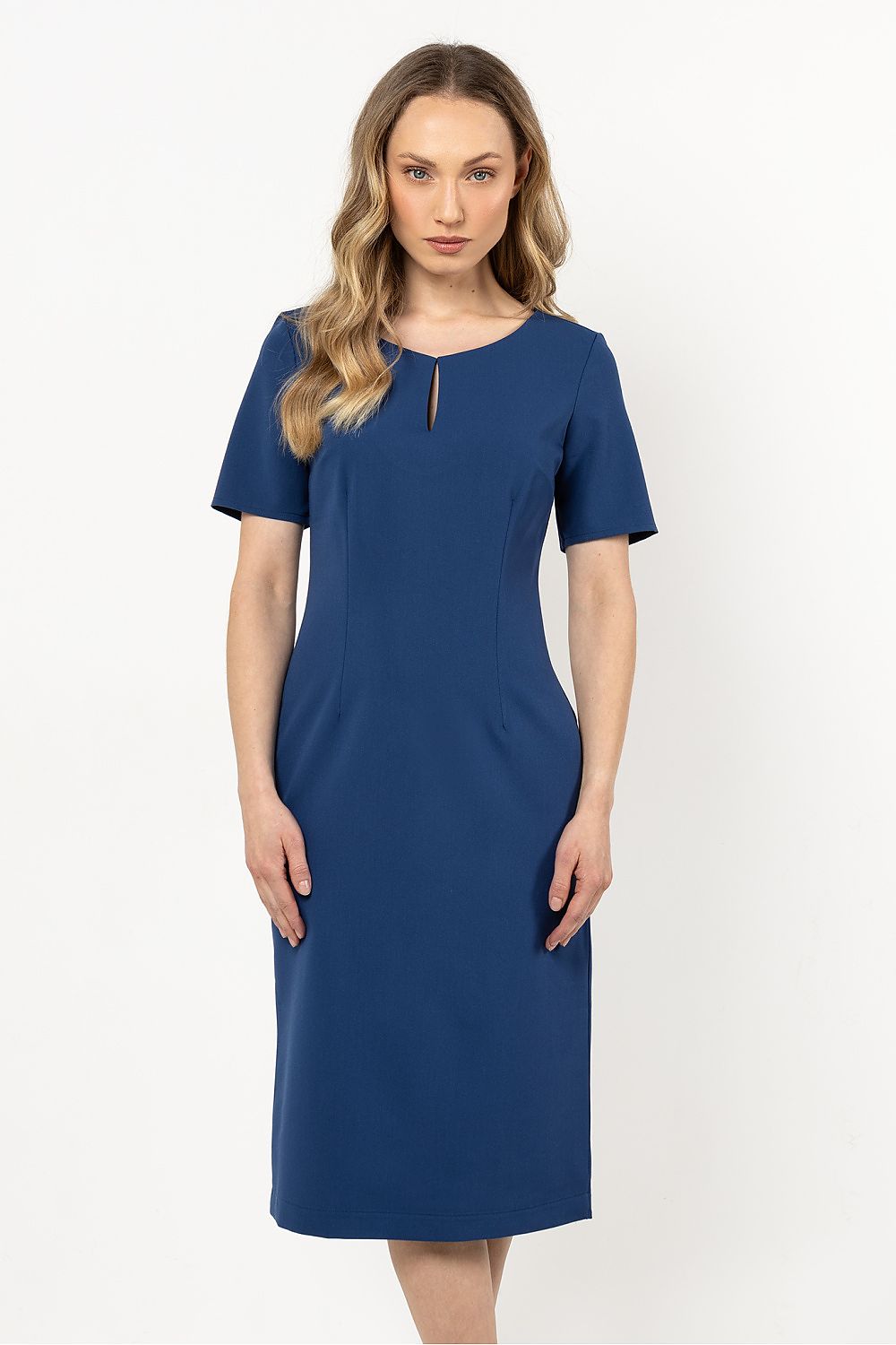 Elegant fitted daydress by Awama, showcasing a chic boat neckline and sophisticated short sleeves, designed for a refined silhouette.