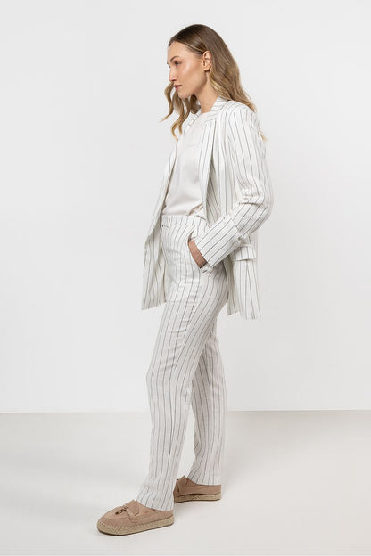 Stylish look featuring women in elegant striped linen cigarette trousers by awama, perfect for summer styling with a vest or blazer.