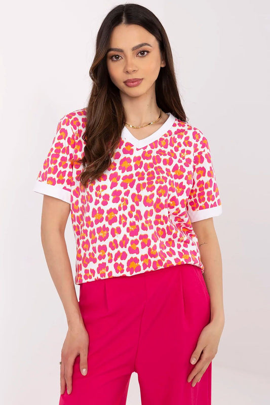 Italy Moda women's fashionable animal print blouse in elegant V-neck style, crafted from a comfortable cotton blend, perfect for classy casual wear.