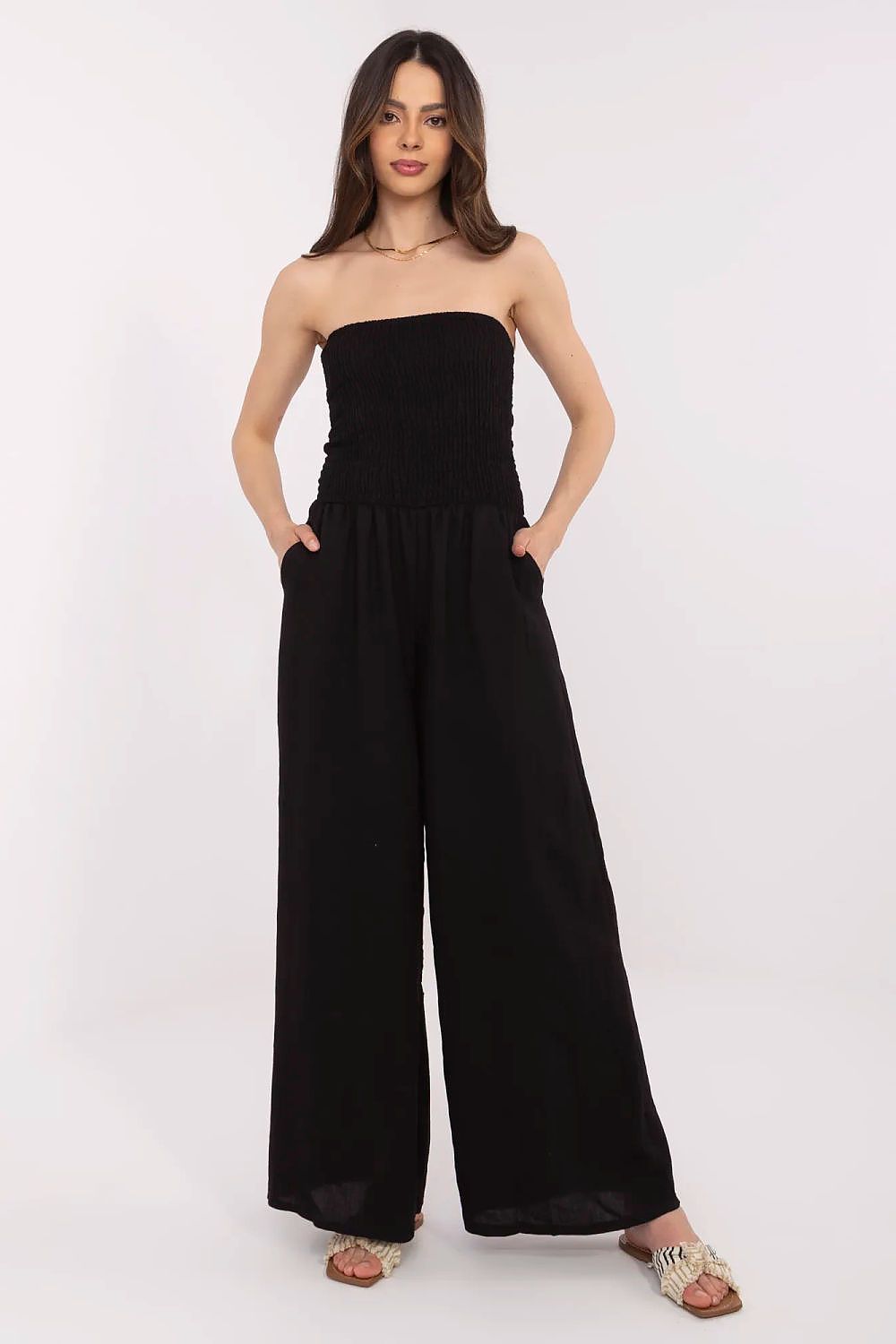 Sophisticated Italy Moda viscose jumpsuit showcasing a minimalist aesthetic with soft gathers for added elegance.