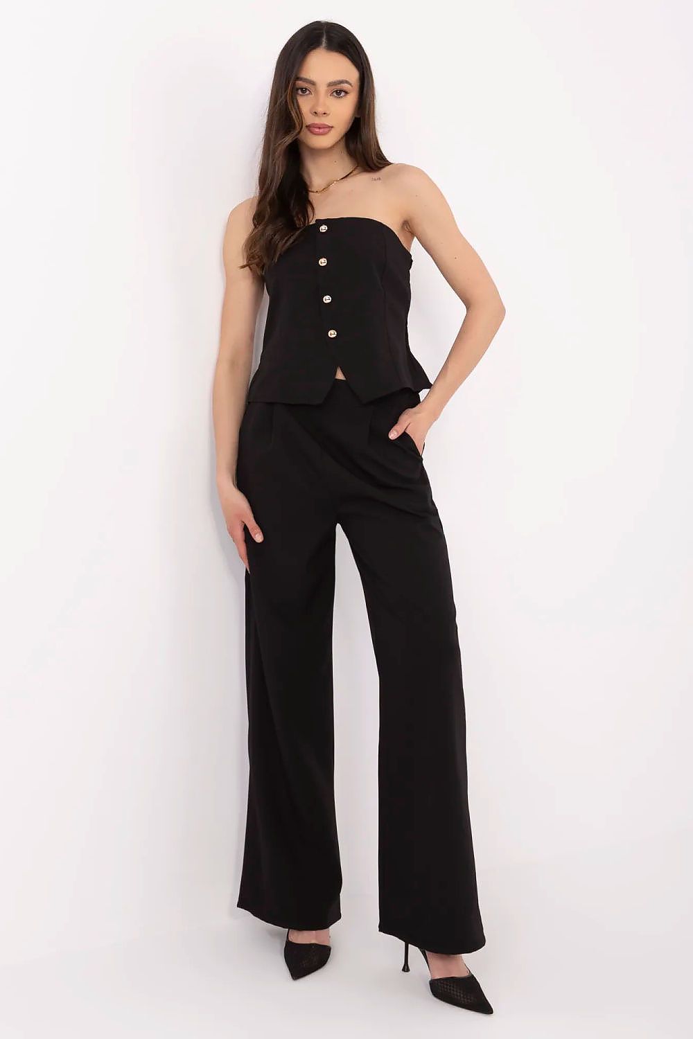 Elegant women's vest featuring decorative buttons and a Spanish neckline from Italy Moda, paired with stylish high-waisted wide-leg pants, ideal for formal occasions.