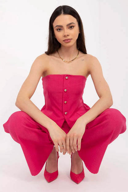 Elegant women's vest and pants set by Italy Moda featuring decorative buttons and a Spanish neckline, perfect for sophisticated occasions.