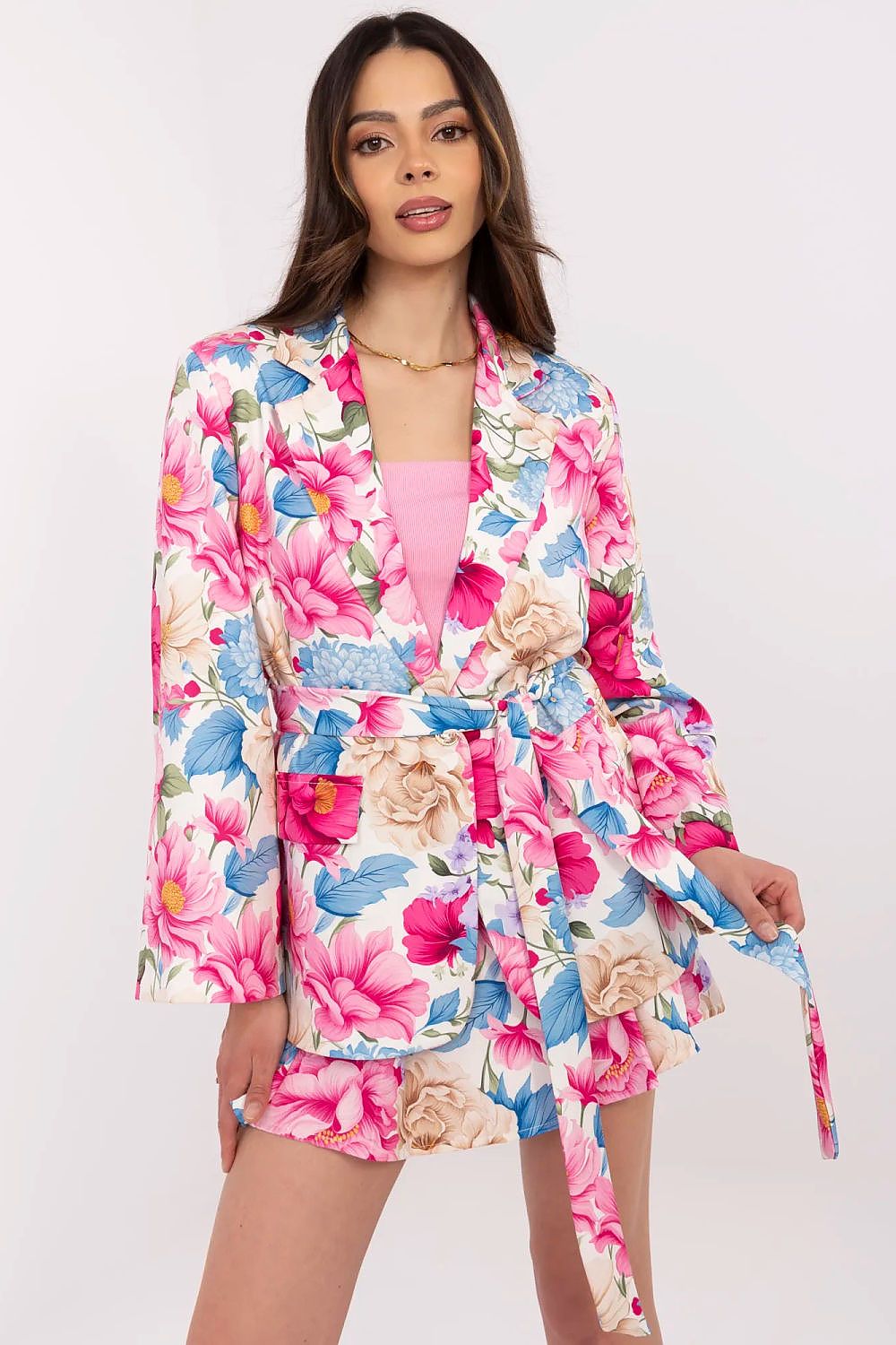 Elegant Women's Blazer and Shorts Set by Italy Moda featuring a floral pattern, tailored fit, and comfort stretch, ideal for any occasion.