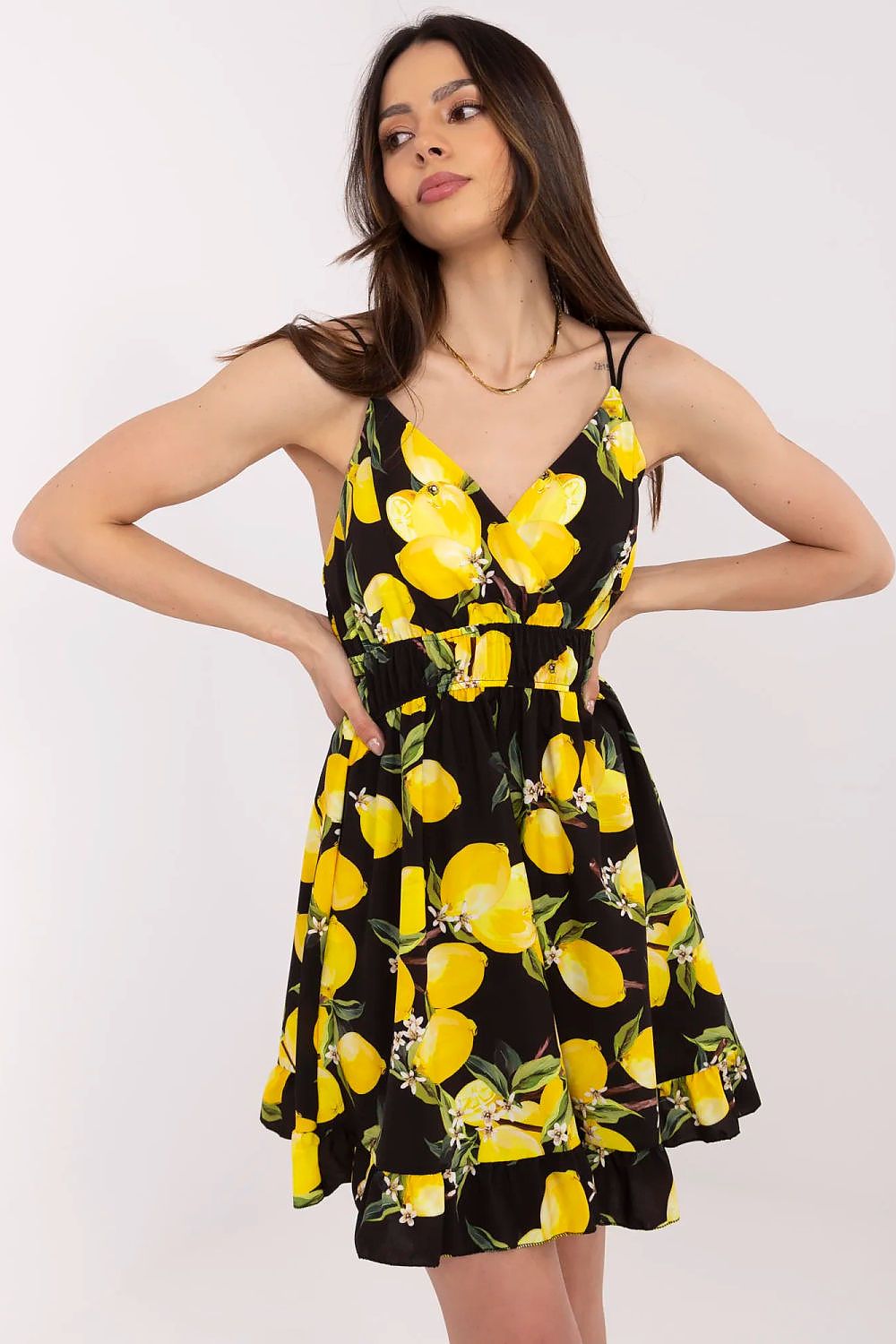 Elegant flared mini daydress with charming lemon print by Italy Moda, perfect for summer, showcasing feminine style and comfort.