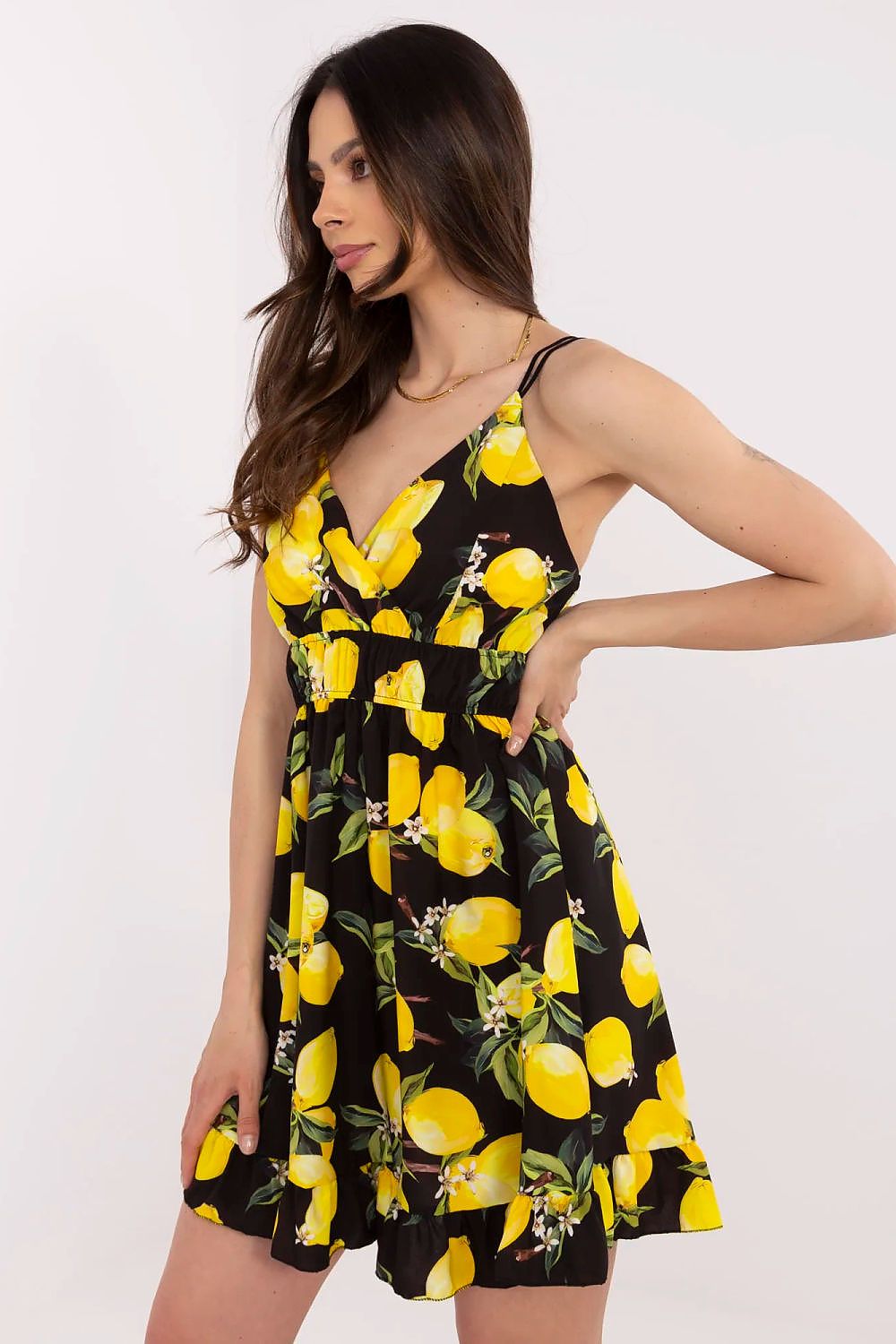 Charming lemon print flared mini daydress from Italy Moda, showcasing feminine elegance and summer style, perfect for warm days.