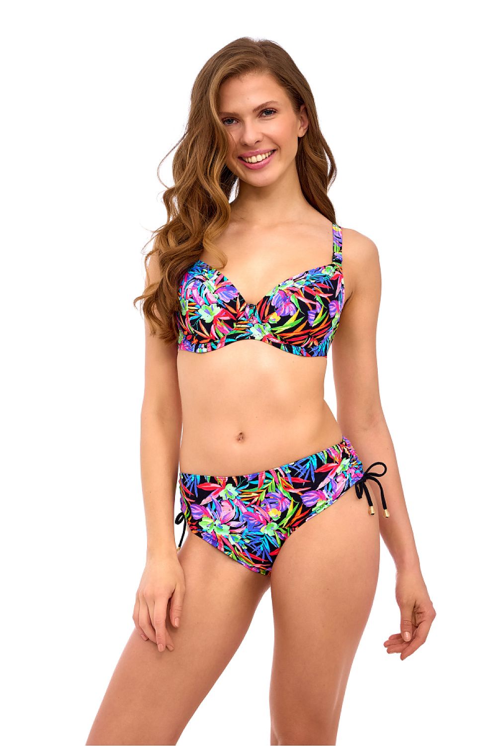 Elegant Lupo Line Tropical Mia Swimming Bra showcasing vibrant tropical motifs and underwire support, designed for medium to large busts, perfect for luxury swimwear styling.