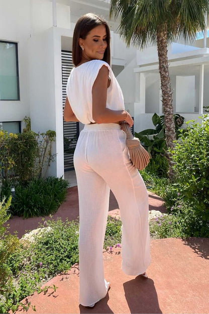 LaBalancia Women's muslin set styled for a relaxed look, highlighting the comfortable fit of the trousers and blouse.