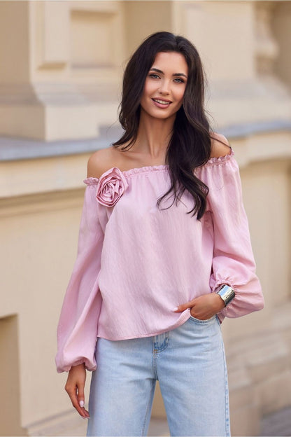 Luxury Roco Fashion blouse featuring long puffy sleeves and an adjustable neckline with floral detail, styled in a chic Spanish fashion.