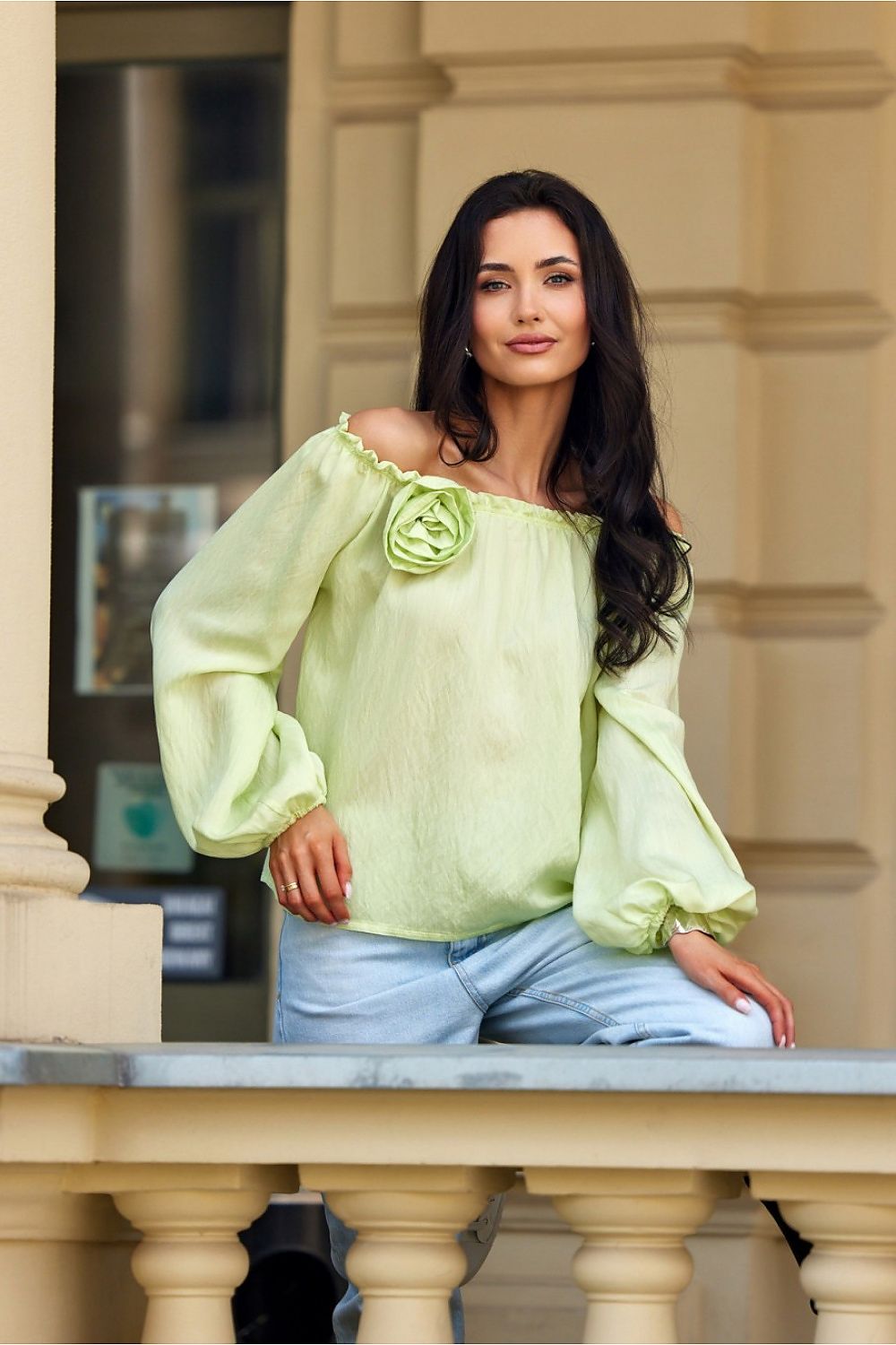 Luxury Roco Fashion blouse featuring elegant long puffy sleeves, adjustable neckline, and striking floral detail, perfect for sizes EU 36 to 40.