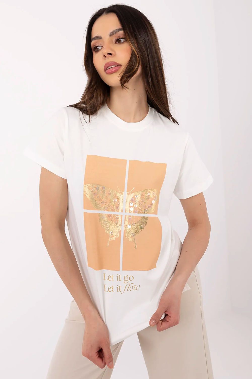 Luxury women's t-shirt featuring exquisite butterfly sequin detail, crafted from a comfortable cotton blend by Factory Price, available in sizes S to XL.