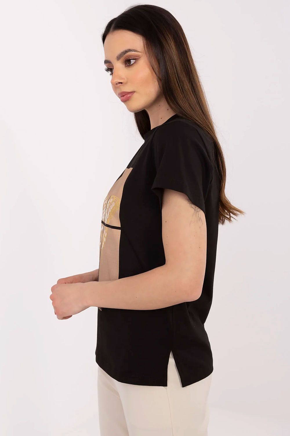 Different colour variations of luxury women's t-shirt by Factory Price, designed with fashionable butterfly sequin embellishments.