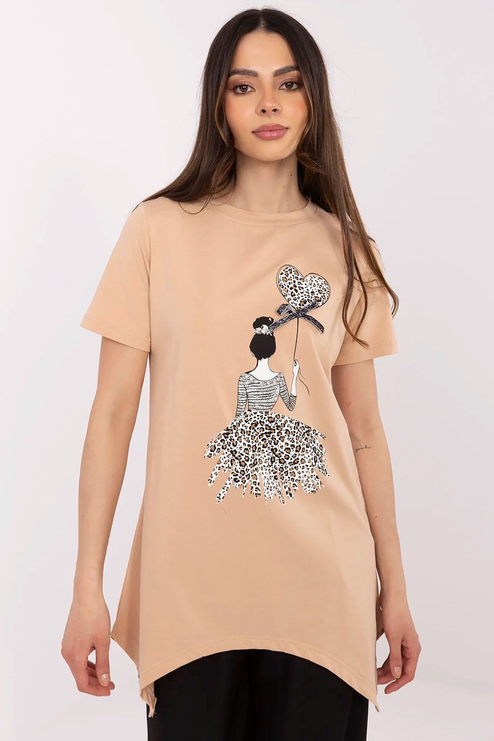 Close-up view of the trendy animal print on a women's blouse, crafted for comfort and elegance by Factory Price.