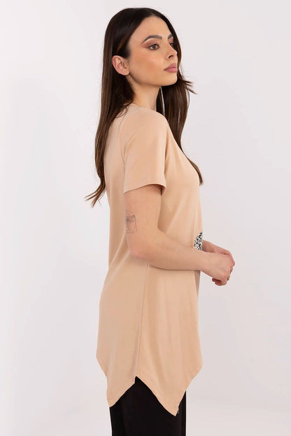 Stylish women's blouse with short sleeves and a round neckline, designed with an eye-catching animal motif by Factory Price.