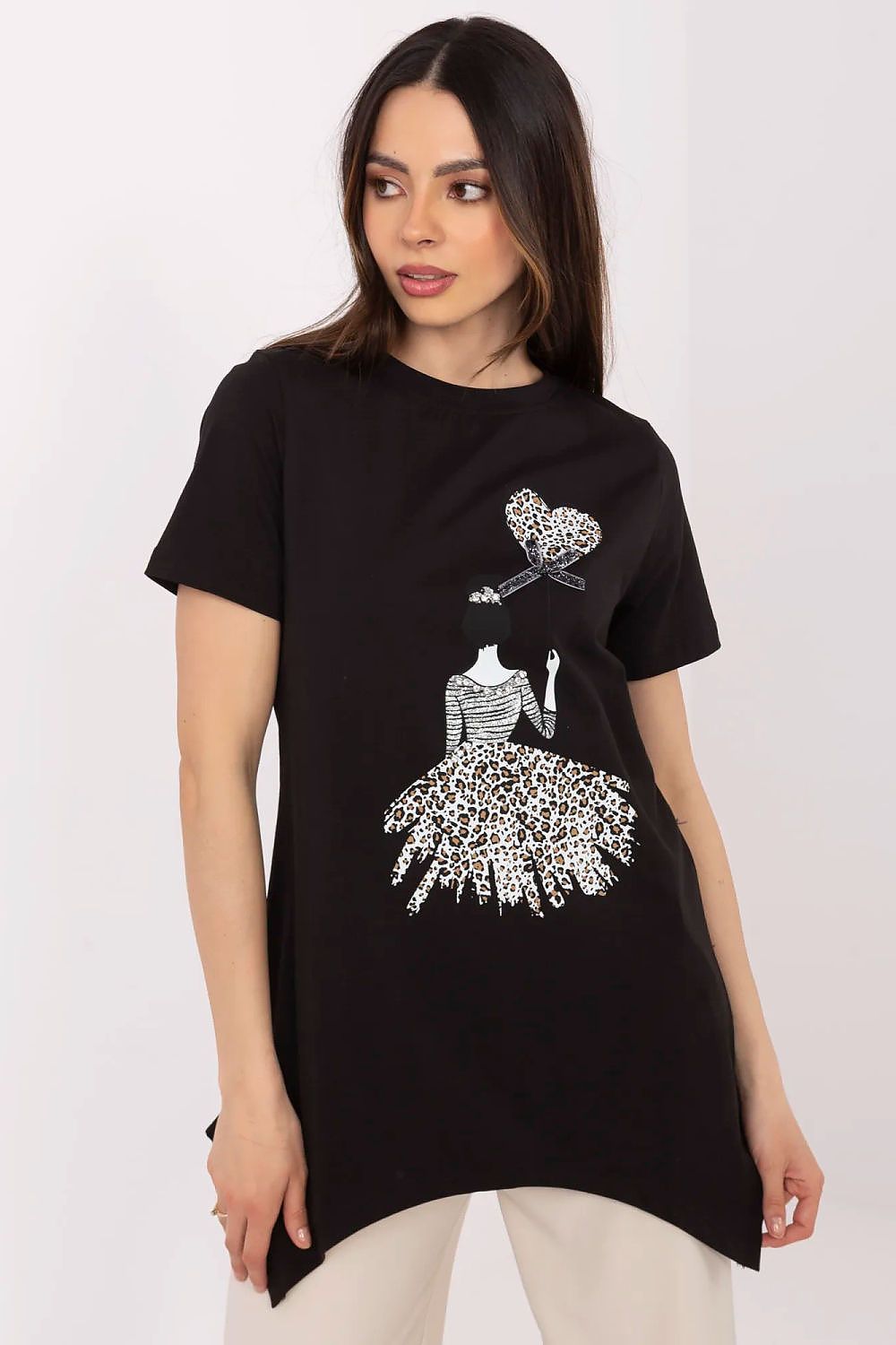 Model showcasing a trendy women's blouse with animal motif, perfect for casual wear, from Factory Price.