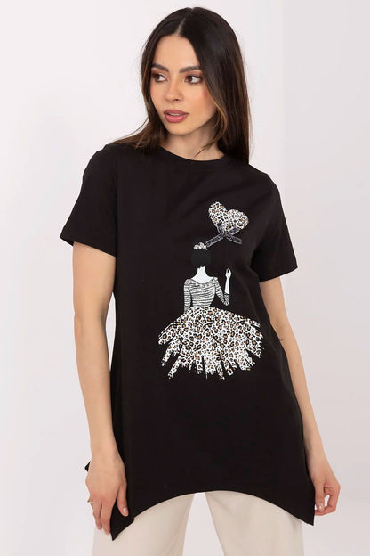 Model showcasing a trendy women's blouse with animal motif, perfect for casual wear, from Factory Price.