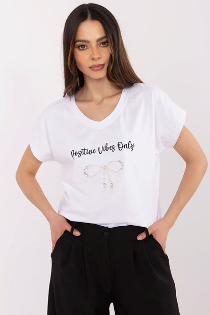 Front view of comfortable women's cotton t-shirt adorned with zircon embellishments by Factory Price, perfect for adding a touch of luxury to casual outfits.