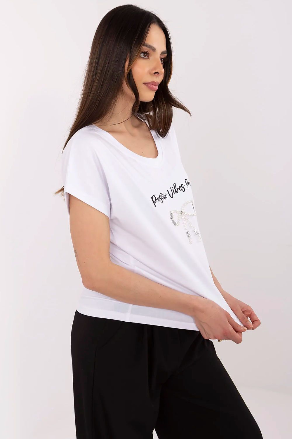 High-quality cotton t-shirt with a classic round neckline and zircon accents by Factory Price, ideal for elegant everyday styling.