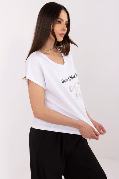 High-quality cotton t-shirt with a classic round neckline and zircon accents by Factory Price, ideal for elegant everyday styling.