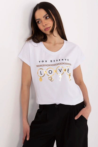 Luxury Women's Casual T-Shirt in soft cotton and spandex blend, featuring short sleeves and a feminine V-neck. Available in sizes S-L, ideal for elegant everyday wear from Factory Price.