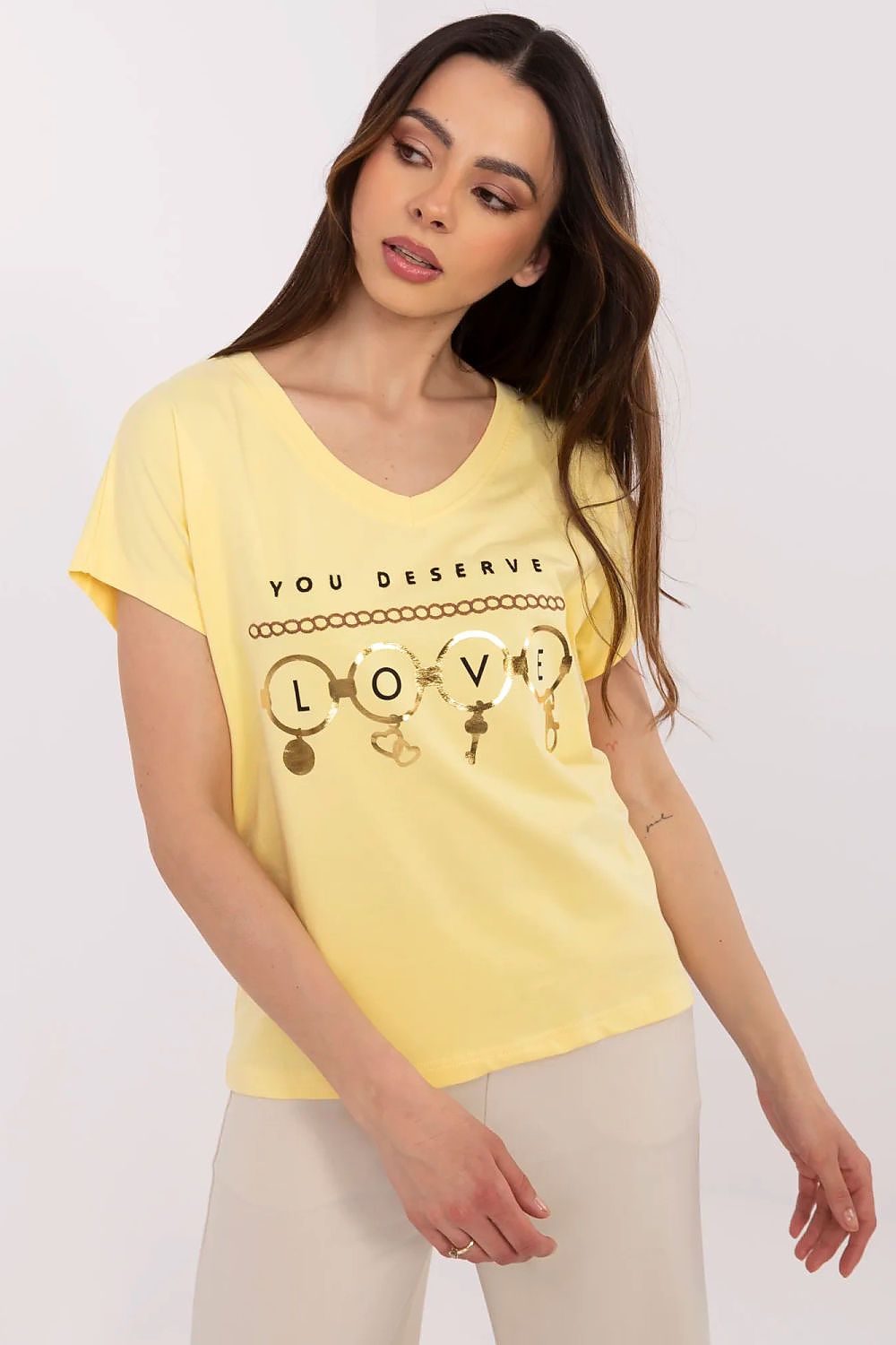 Beautifully designed Women's Casual T-Shirt in V-neck style, created from luxurious soft cotton and spandex blend. Available in sizes S-L at Factory Price.