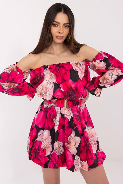 Luxurious off-the-shoulder mini floral daydress by Italy Moda featuring puffy sleeves and a flared cut, perfect for summer elegance.