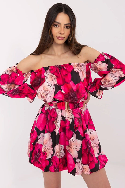 Luxurious off-the-shoulder mini floral daydress by Italy Moda featuring puffy sleeves and a flared cut, perfect for summer elegance.