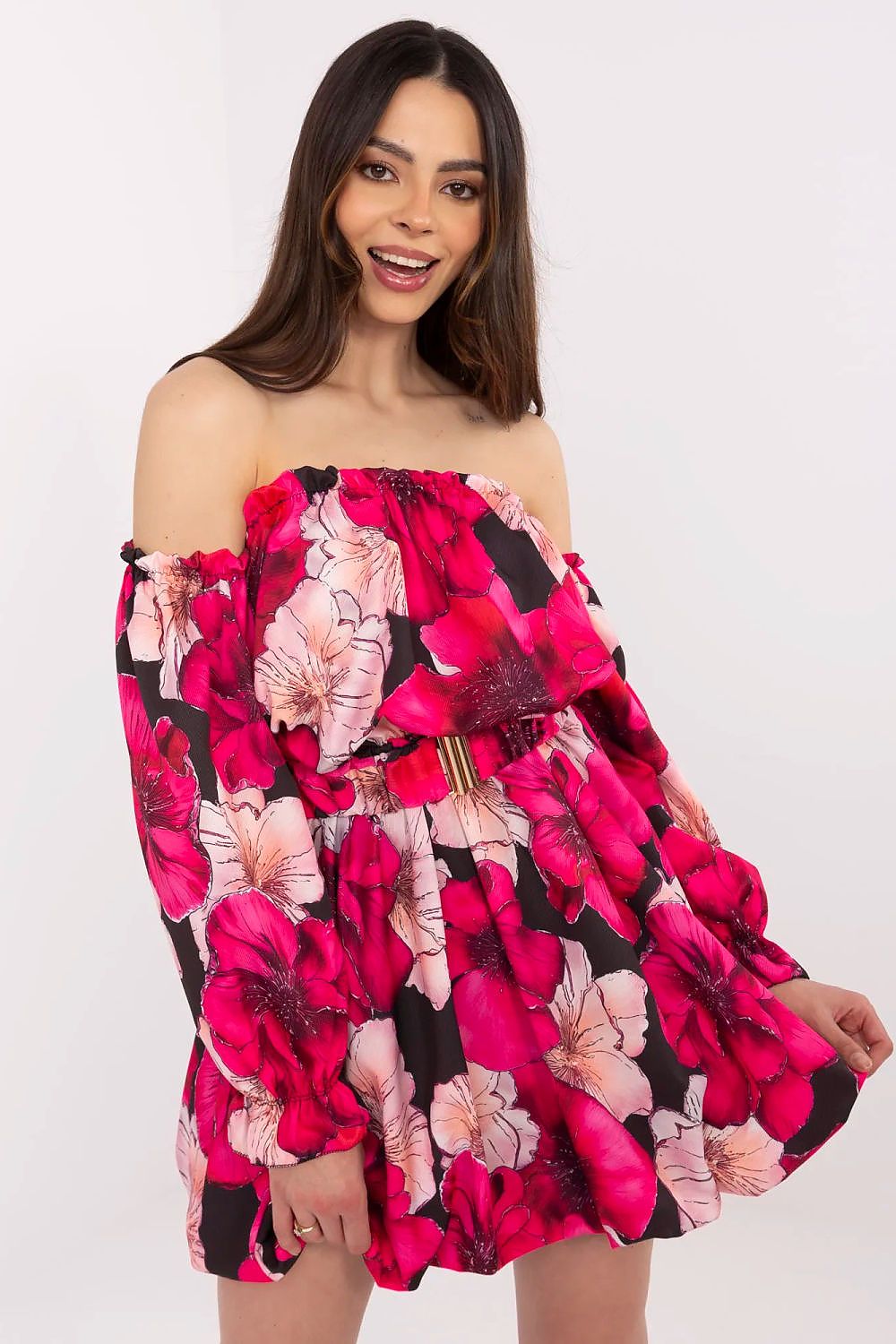Luxurious mini floral daydress by Italy Moda featuring off-the-shoulder design, puffy sleeves, and a flattering flared cut, perfect for summer elegance and special occasions.