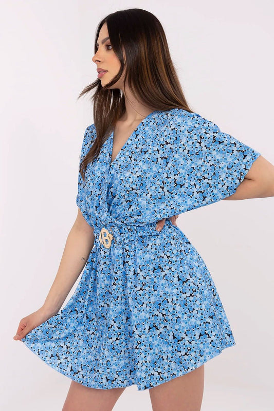 Luxurious mini-length floral jumpsuit from Italy Moda with short sleeves and a beautifully designed wrap neckline for an elegant silhouette.