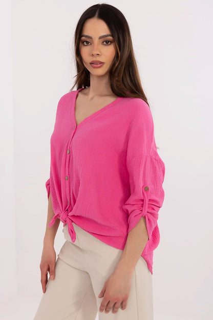 Luxury Women's V-Neck Muslin Cotton Shirt with 3/4 Sleeves by Italy Moda, showcasing its soft and breathable fabric, perfect for casual elegance.