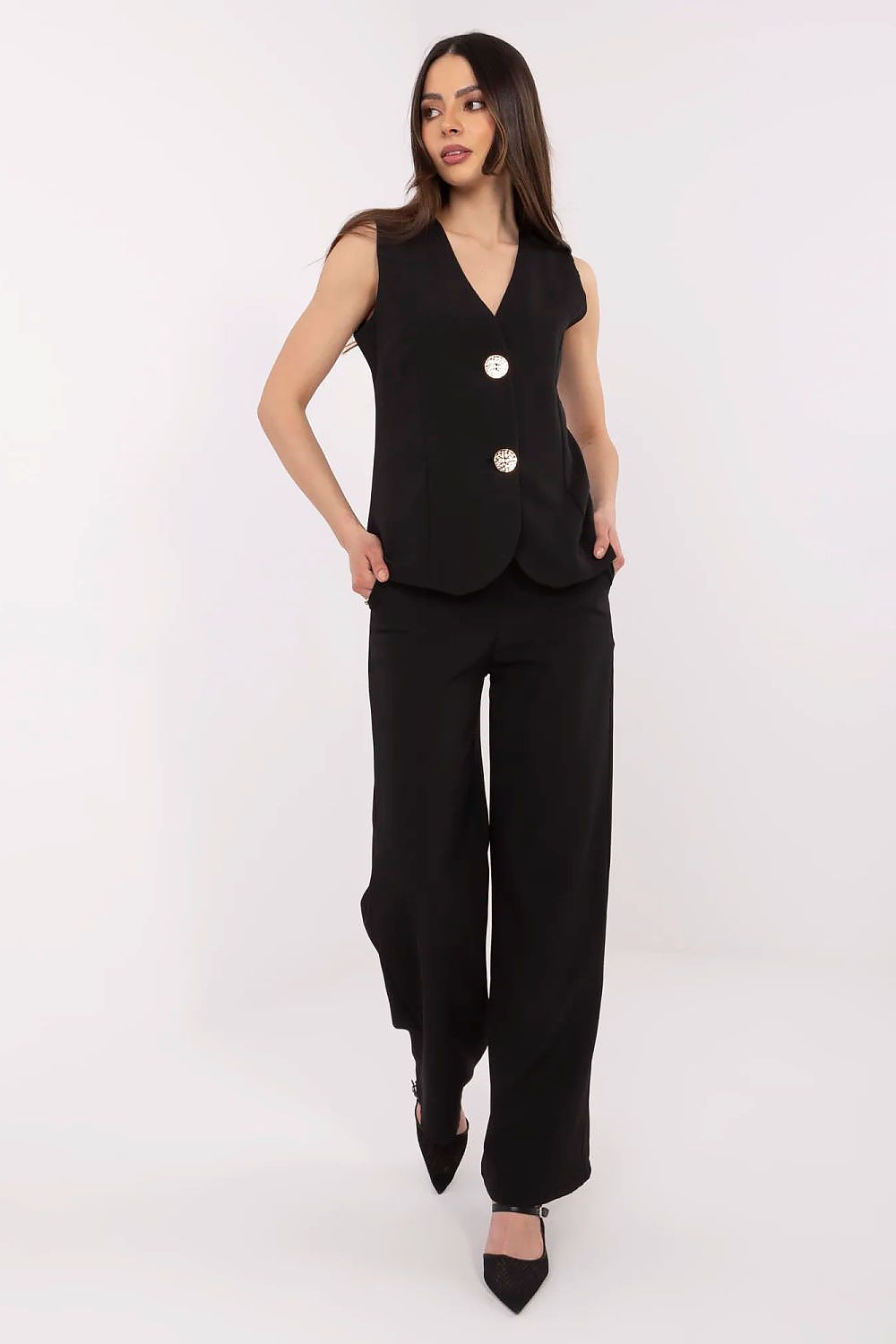 Elegant women's vest and high-waisted pants set by Italy Moda, showcasing a sophisticated V-neckline and chic design, perfect for formal occasions.