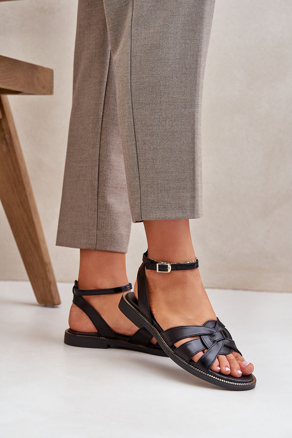 Luxury natural leather sandals for women by Step in Style, featuring an adjustable fit, 1.5 cm flat heel, and available in EU sizes 36-41, perfect for elegant summer outfits.