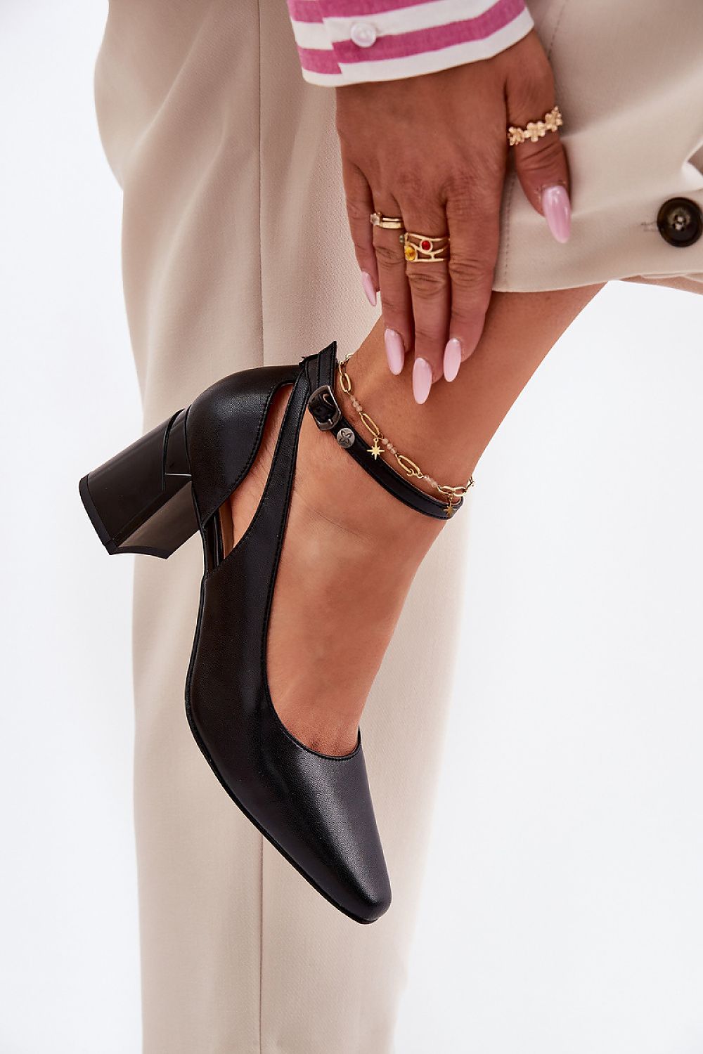 Maciejka Women's Block Heel Pumps in Natural Leather displayed elegantly, perfect for both casual and formal occasions with a stable 7 cm heel.