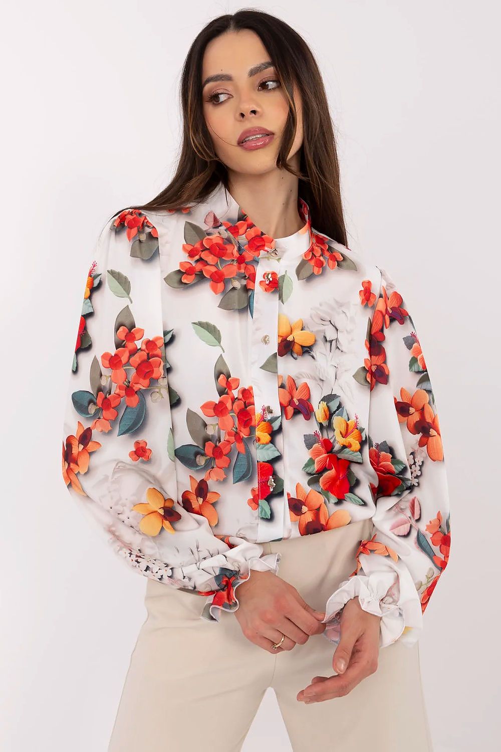 Elegant long sleeve floral shirt by Lakerta, showcasing delicate patterns and feminine design, perfect for formal and professional wear.