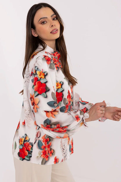 High-quality cotton blend long sleeve shirt with floral pattern by Lakerta, featuring puffy sleeves and stylish ruffle details for a luxurious look.