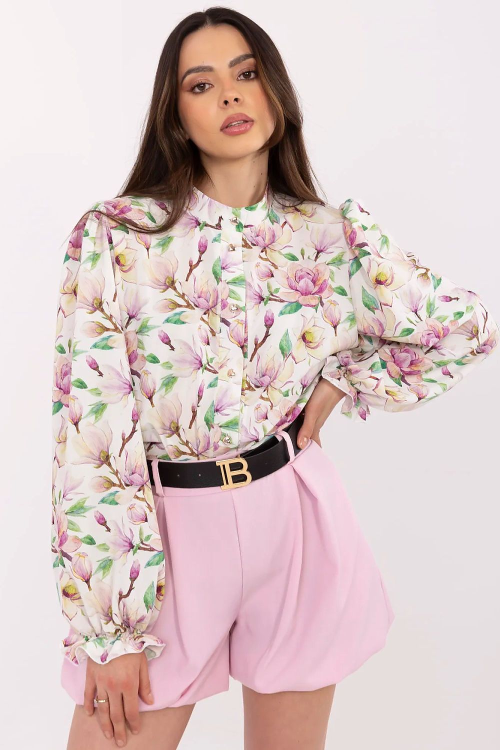 Elegant long sleeve floral patterned shirt for women by Lakerta, showcasing puffy sleeves and a classic collar, perfect for formal occasions.