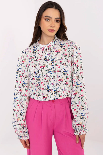 Lakerta Women's Elegant Floral Long Sleeve Shirt in soft stretchy polyester blend, featuring a classic stand-up collar and puffy long sleeves, perfect for formal office styling.