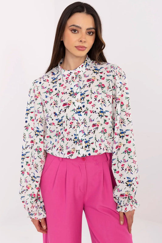 Lakerta Women's Elegant Floral Long Sleeve Shirt in soft stretchy polyester blend, featuring a classic stand-up collar and puffy long sleeves, perfect for formal office styling.