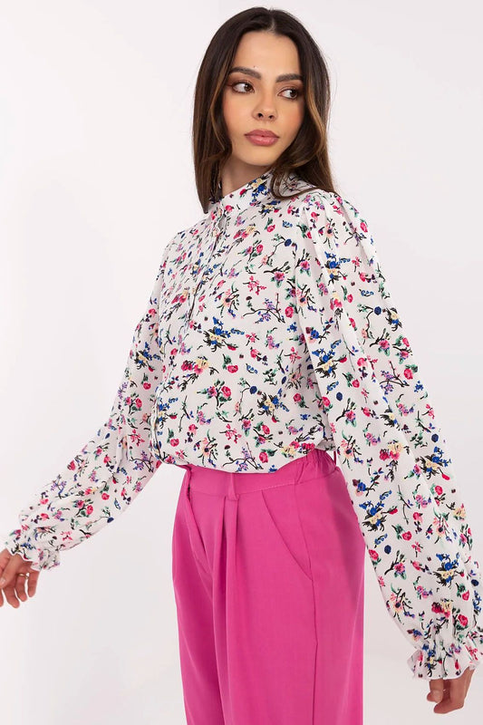 Close-up of Lakerta Women's Floral Long Sleeve Shirt showcasing delicate floral pattern and luxurious fabric, ideal for sophisticated occasions.