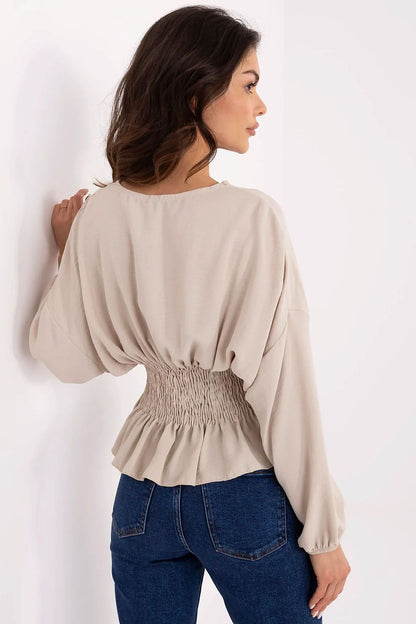 Graceful women's blouse in lightweight polyester by Sublevel, featuring decorative ruching and a classic round neckline, perfect for formal occasions.