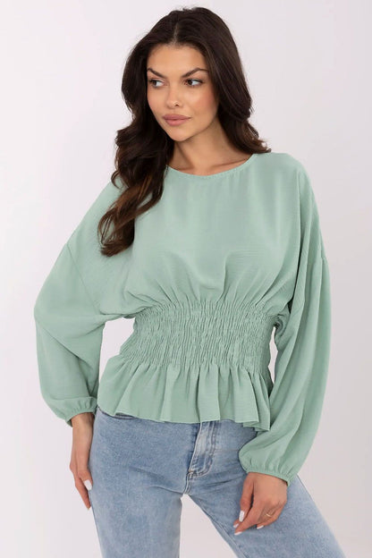 Elegant women's polyester blouse by Sublevel featuring intricate ruching and delicate puffy sleeves in a sophisticated design.