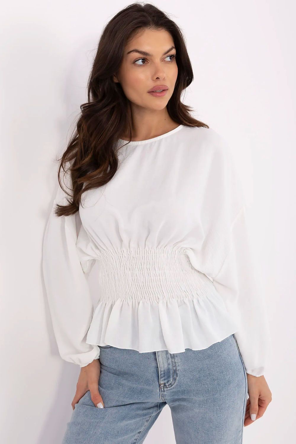 Chic women's polyester blouse from Sublevel, accentuating a romantic round neckline and delicate ruching for a refined look.