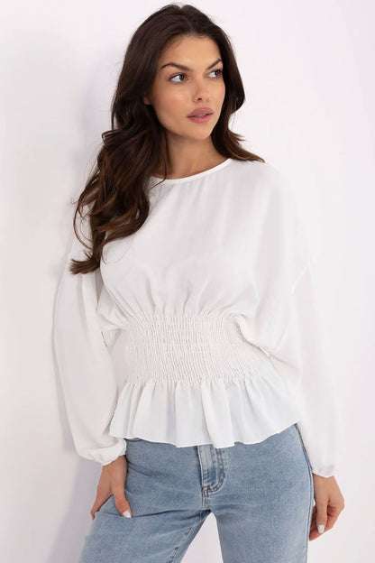 Chic women's polyester blouse from Sublevel, accentuating a romantic round neckline and delicate ruching for a refined look.