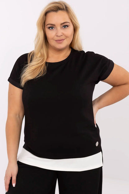 Stylish plus size blouse by Relevance displayed on a mannequin, highlighting the contrasting insert that adds a contemporary accent.