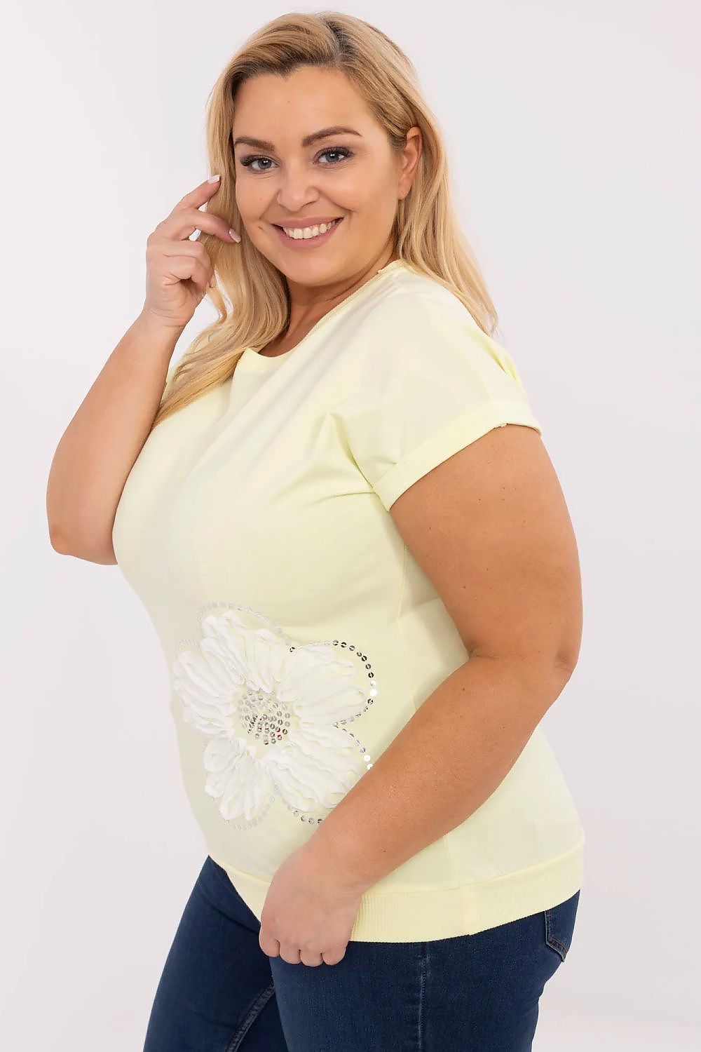Luxury Plus Size Blouse by Relevance, crafted from a soft cotton blend with short sleeves and elegant sequin accents.